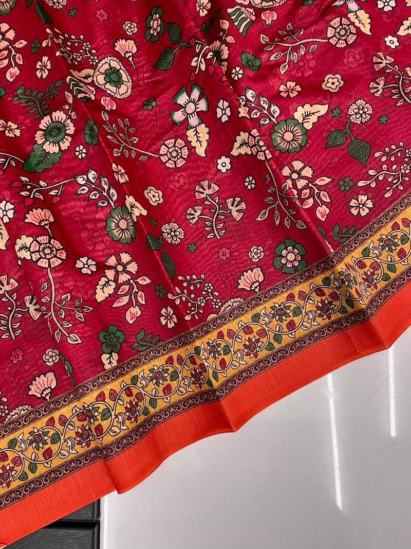 maroon color kalamkari prints contrast pallu cotton blend saree
