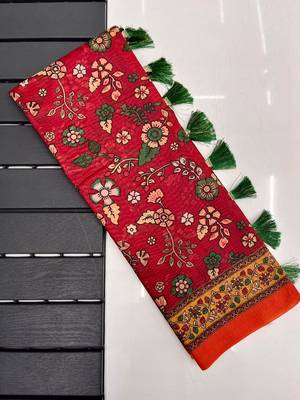 maroon color kalamkari prints contrast pallu cotton blend saree 5