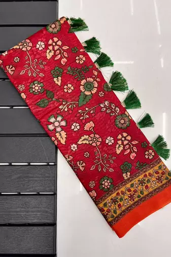 maroon color kalamkari prints contrast pallu cotton blend saree