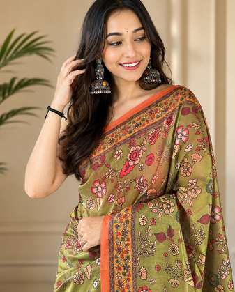 olive green color kalamkari prints contrast pallu cotton blend saree