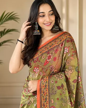 olive green color kalamkari prints contrast pallu cotton blend saree