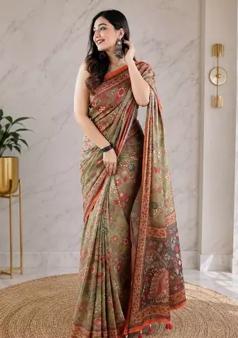 olive green color kalamkari prints contrast pallu cotton blend saree