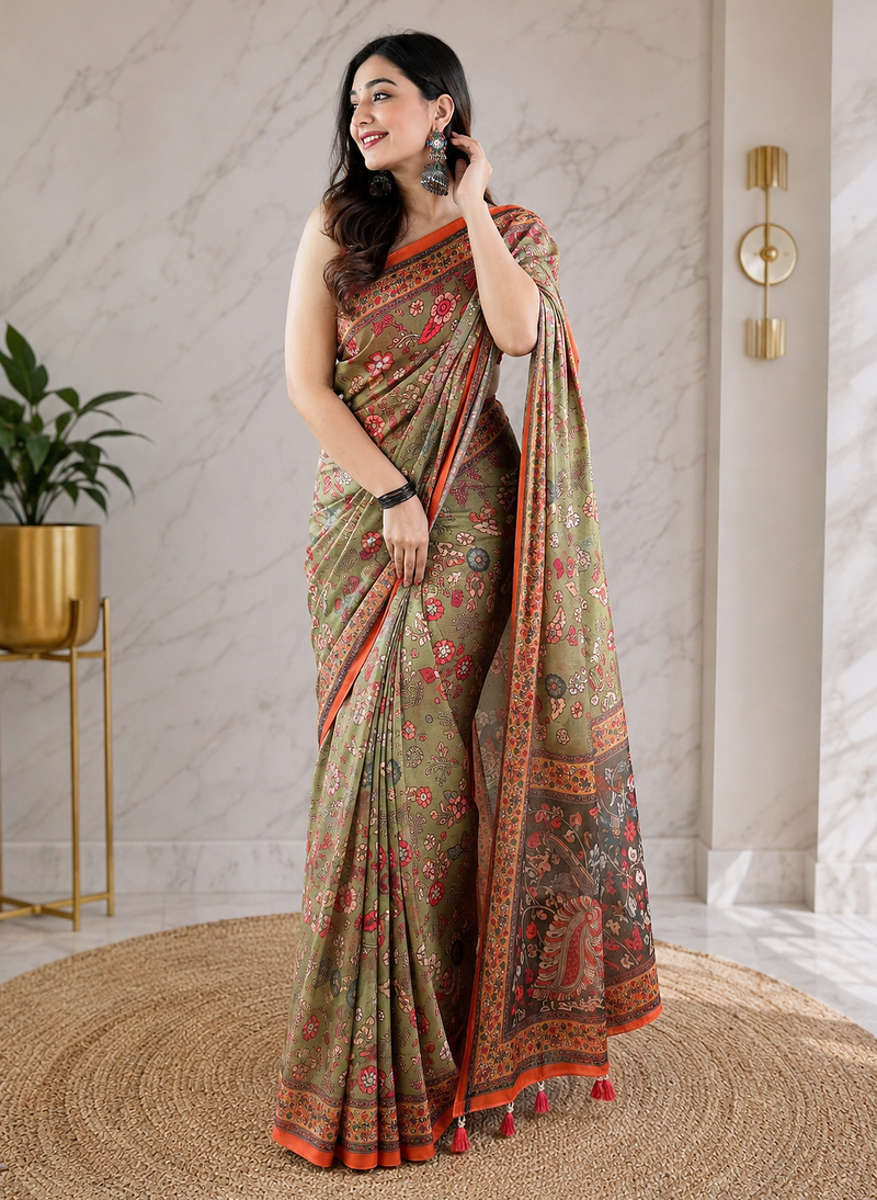 olive green color kalamkari prints contrast pallu cotton blend saree