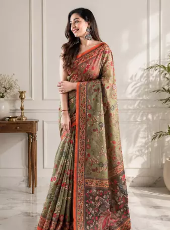 olive green color kalamkari prints contrast pallu cotton blend saree
