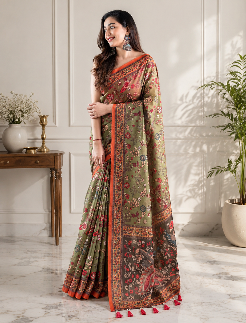 olive green color kalamkari prints contrast pallu cotton blend saree