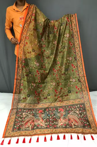 olive green color kalamkari prints contrast pallu cotton blend saree