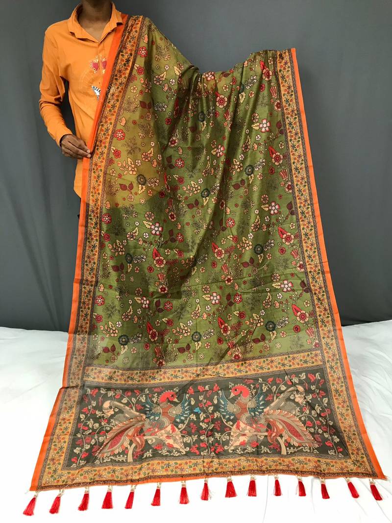 olive green color kalamkari prints contrast pallu cotton blend saree