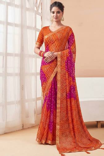 Women's orange bandhani print chiffon bandhej style saree with matching blouse