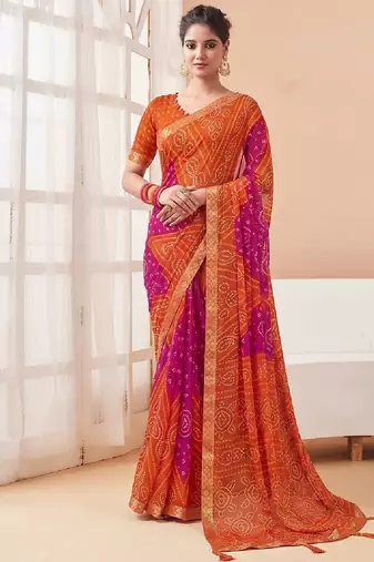 Women's orange bandhani print chiffon bandhej style saree with matching blouse