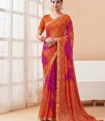 Women's orange bandhani print chiffon bandhej style saree with matching blouse