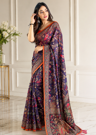 purple color kalamkari prints contrast pallu cotton blend saree