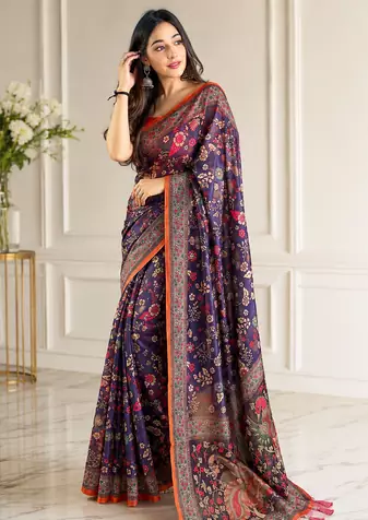 purple color kalamkari prints contrast pallu cotton blend saree
