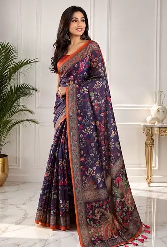 purple color kalamkari prints contrast pallu cotton blend saree