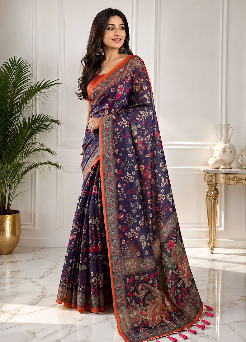 purple color kalamkari prints contrast pallu cotton blend saree