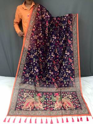 purple color kalamkari prints contrast pallu cotton blend saree 3