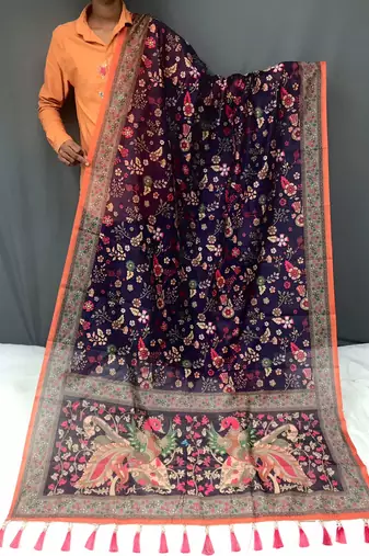 purple color kalamkari prints contrast pallu cotton blend saree