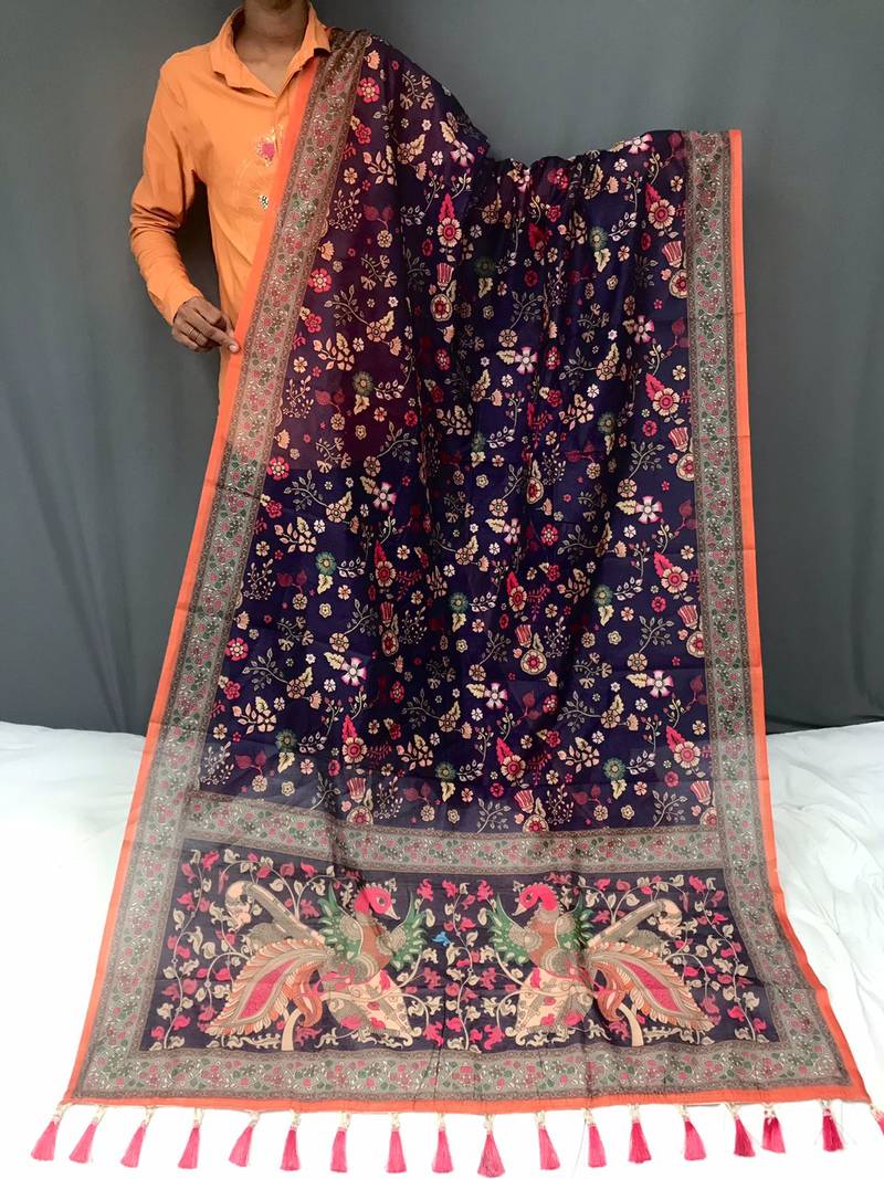 purple color kalamkari prints contrast pallu cotton blend saree
