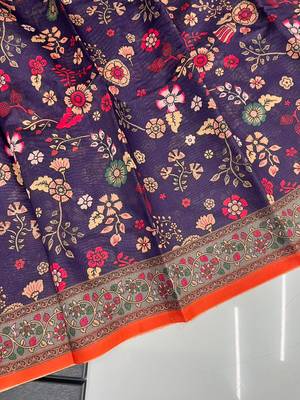 purple color kalamkari prints contrast pallu cotton blend saree 4