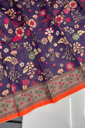purple color kalamkari prints contrast pallu cotton blend saree