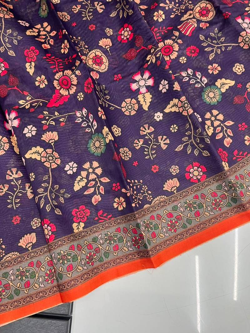 purple color kalamkari prints contrast pallu cotton blend saree