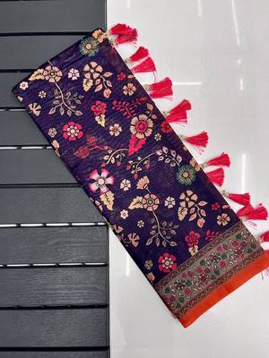 purple color kalamkari prints contrast pallu cotton blend saree 5