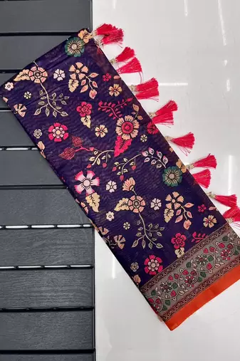 purple color kalamkari prints contrast pallu cotton blend saree
