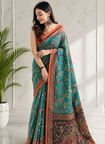 sea green color kalamkari prints contrast pallu cotton blend saree