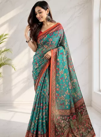 sea green color kalamkari prints contrast pallu cotton blend saree