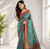 sea green color kalamkari prints contrast pallu cotton blend saree