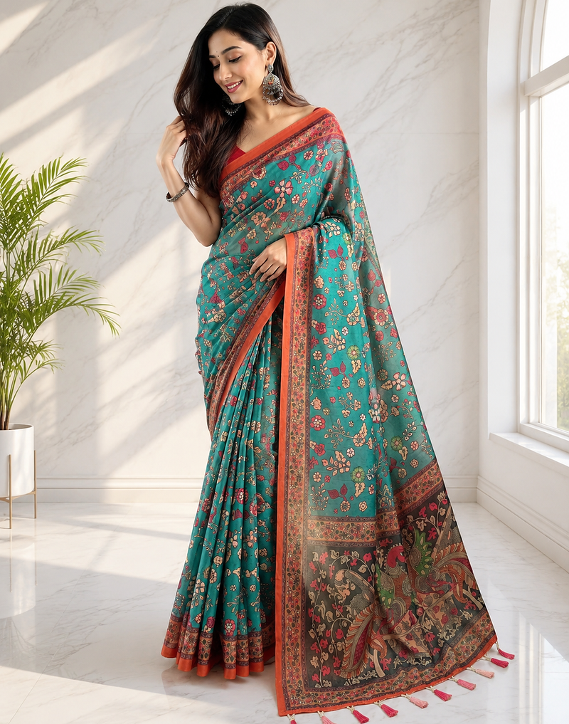 sea green color kalamkari prints contrast pallu cotton blend saree