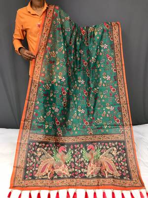 sea green color kalamkari prints contrast pallu cotton blend saree 3