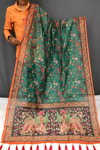sea green color kalamkari prints contrast pallu cotton blend saree