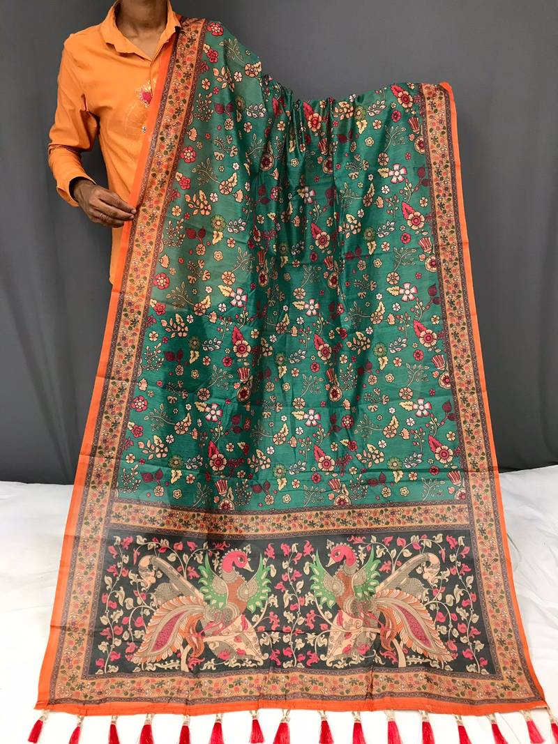 sea green color kalamkari prints contrast pallu cotton blend saree