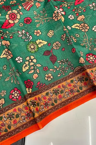 sea green color kalamkari prints contrast pallu cotton blend saree