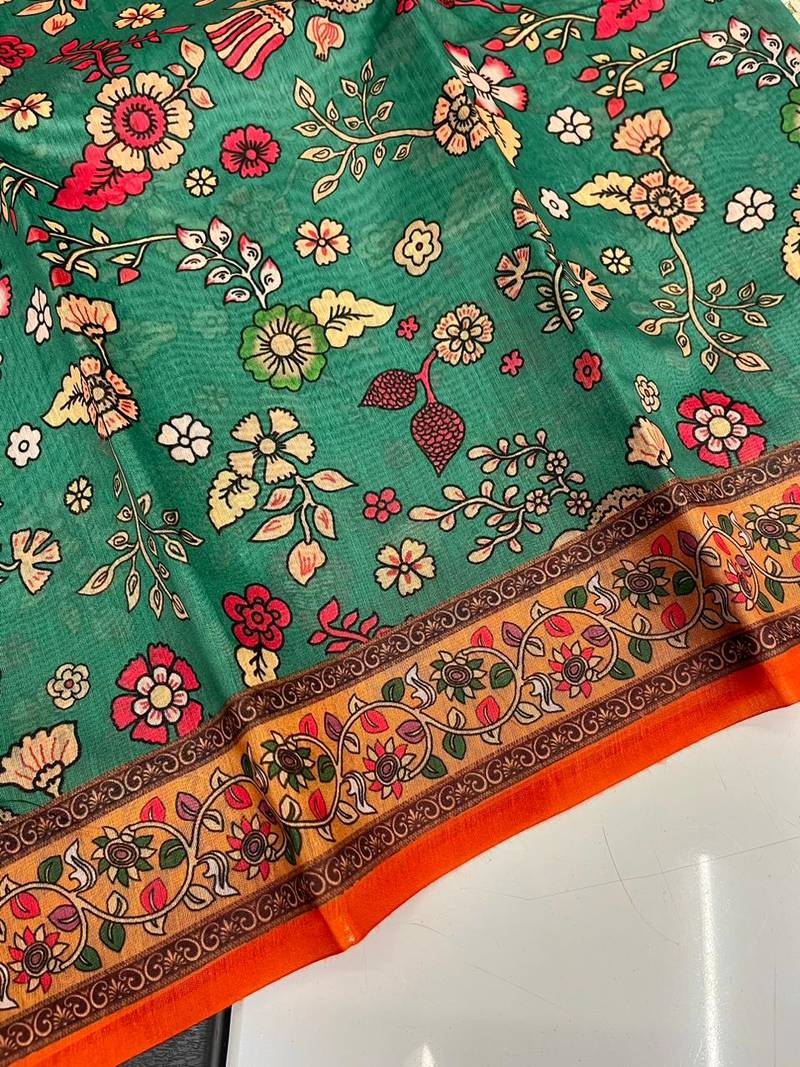 sea green color kalamkari prints contrast pallu cotton blend saree