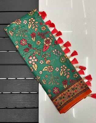 sea green color kalamkari prints contrast pallu cotton blend saree 5