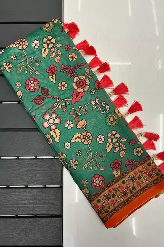 sea green color kalamkari prints contrast pallu cotton blend saree