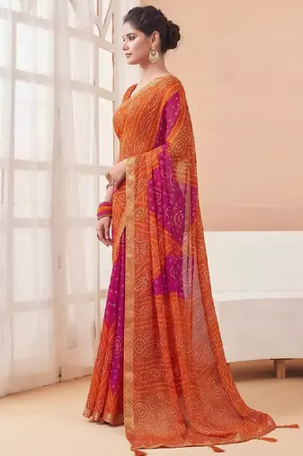 Women's orange bandhani print chiffon bandhej style saree with matching blouse