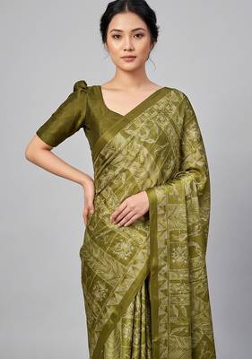 Green printed satin saree with blouse 1