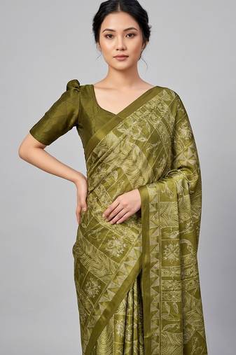 Green printed satin saree with blouse