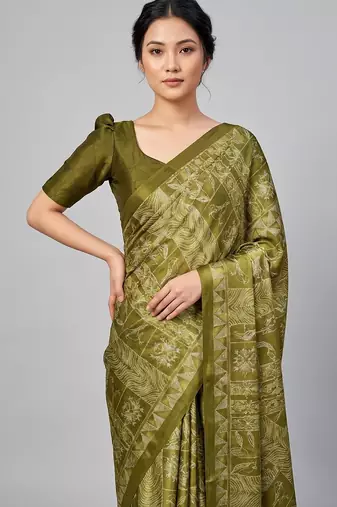 Green printed satin saree with blouse