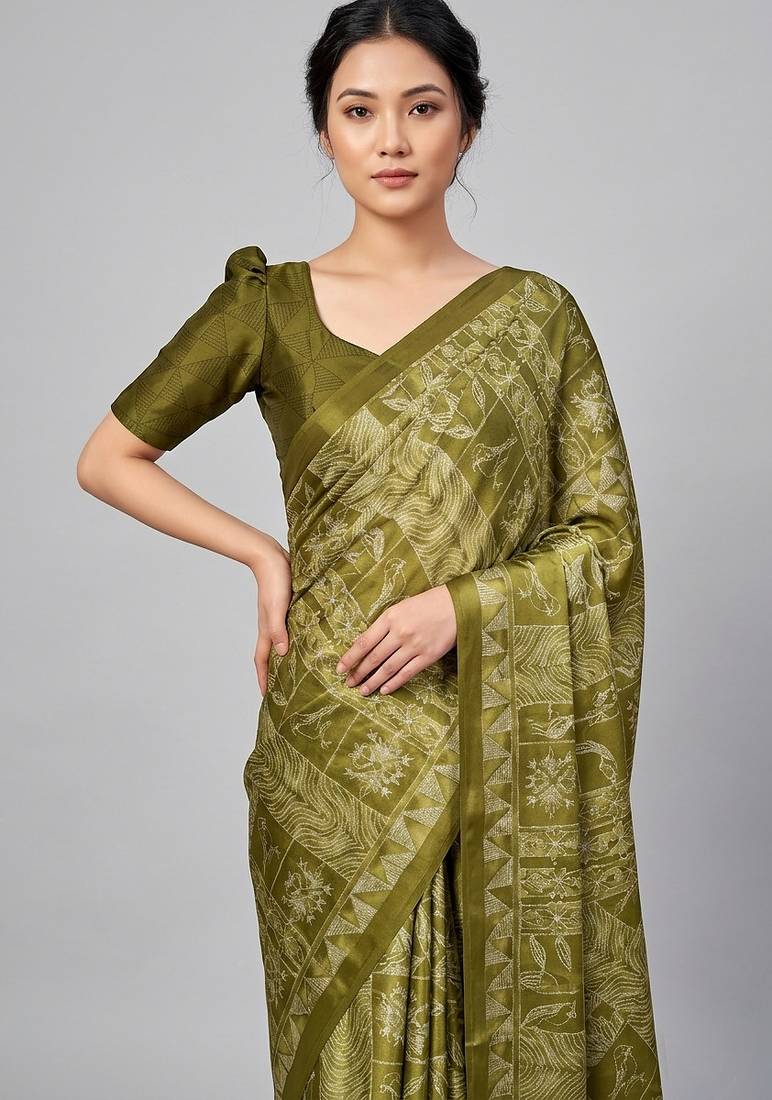 Green printed satin saree with blouse