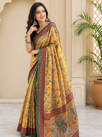 yellow color kalamkari prints contrast pallu cotton blend saree