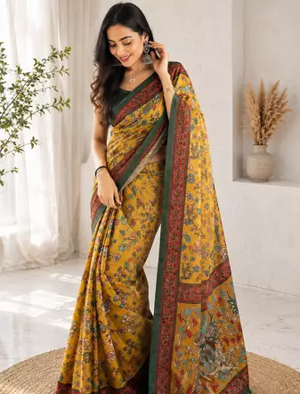 yellow color kalamkari prints contrast pallu cotton blend saree