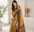 yellow color kalamkari prints contrast pallu cotton blend saree