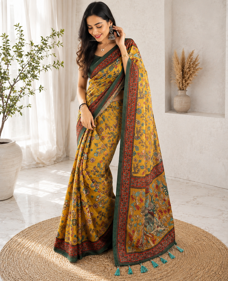 yellow color kalamkari prints contrast pallu cotton blend saree