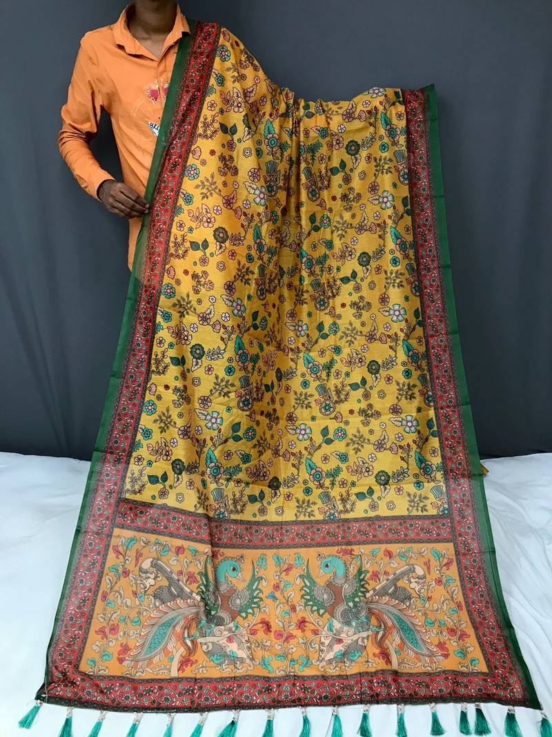 yellow color kalamkari prints contrast pallu cotton blend saree