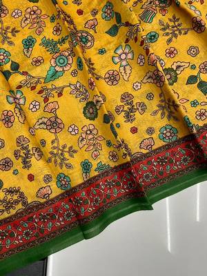 yellow color kalamkari prints contrast pallu cotton blend saree 4