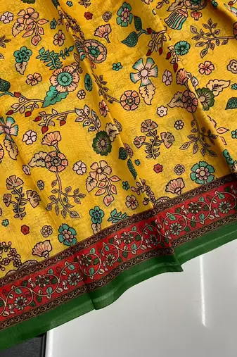 yellow color kalamkari prints contrast pallu cotton blend saree