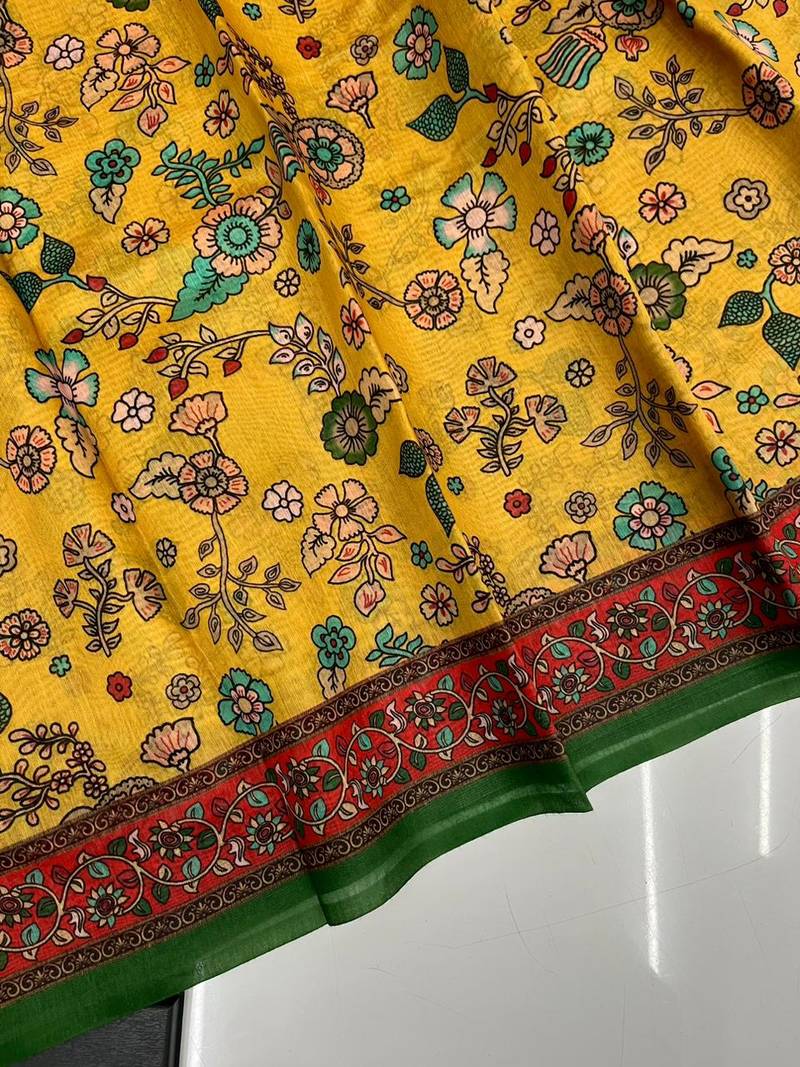 yellow color kalamkari prints contrast pallu cotton blend saree